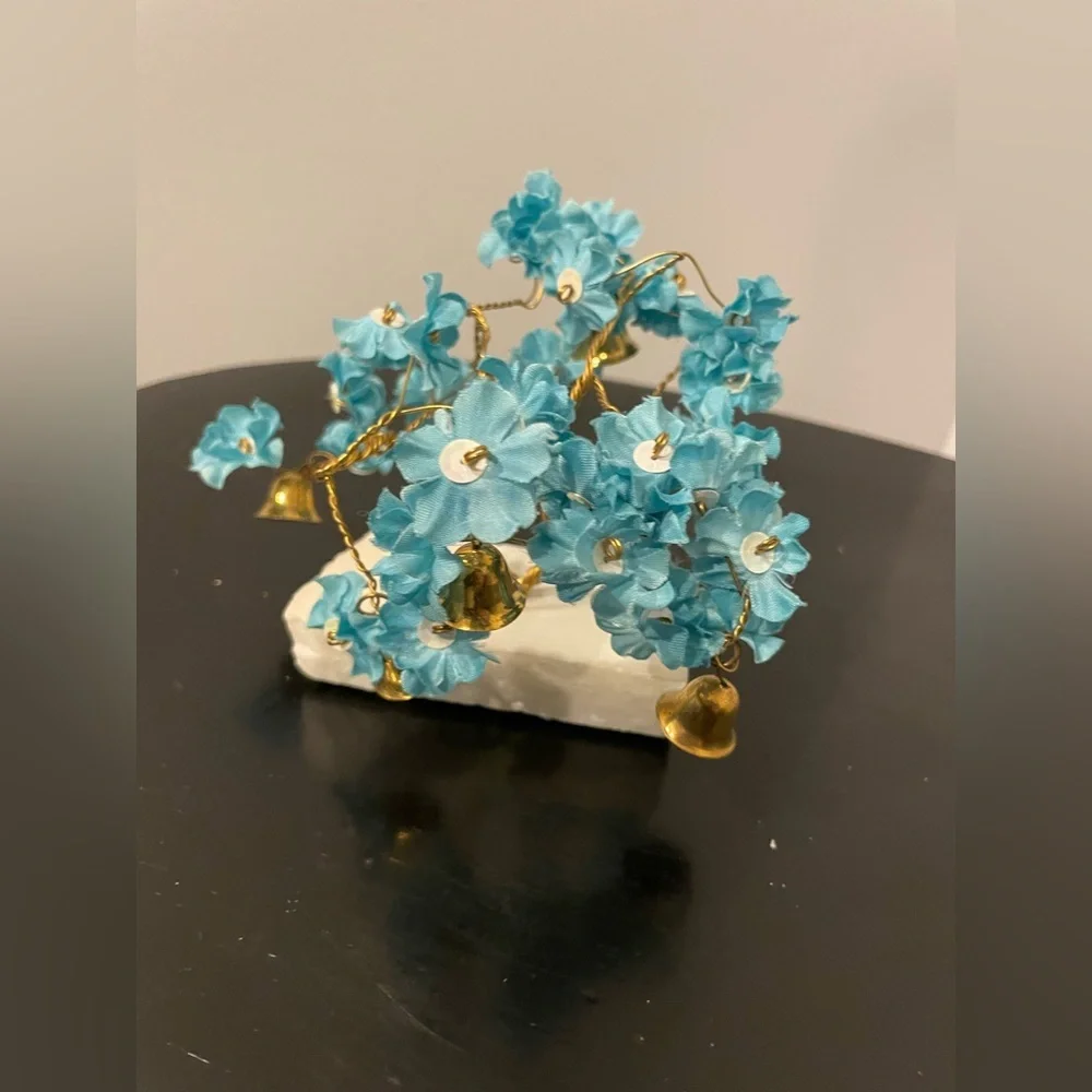 VTG Prosperity Tree Brass bells & beautiful blue Fabric Flowers w/marble Base